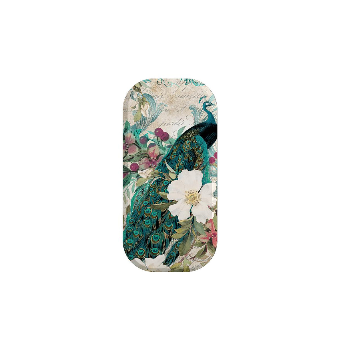 Oval phone stand featuring a vibrant peacock, white flowers, and vintage script on a teal and cream background.