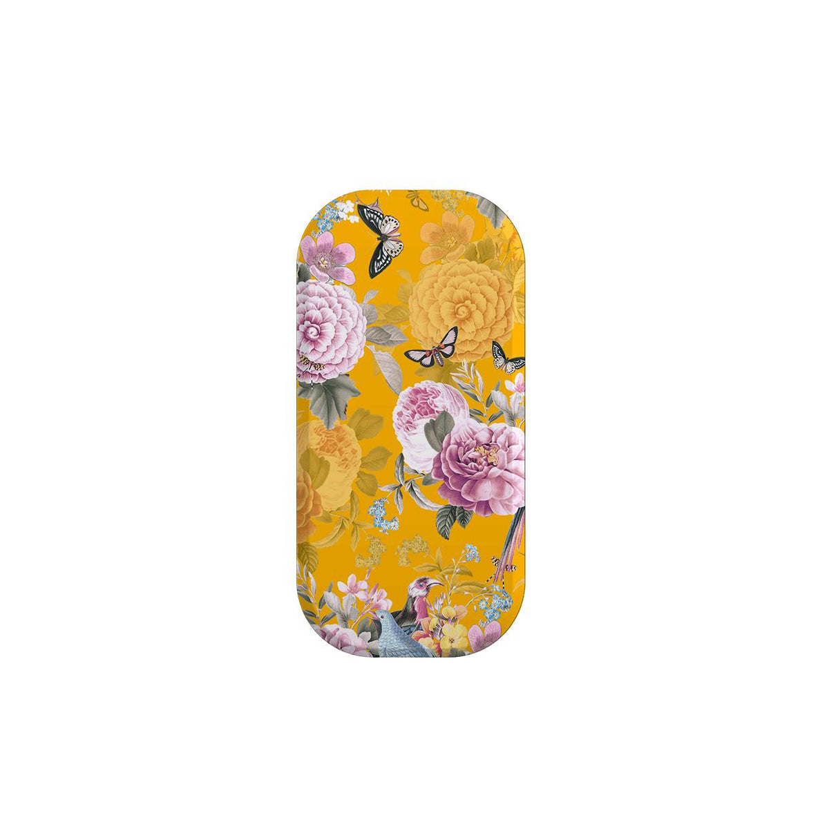 Barnes phone stand with a vibrant yellow floral and butterfly pattern on a slim, rounded rectangular grip.