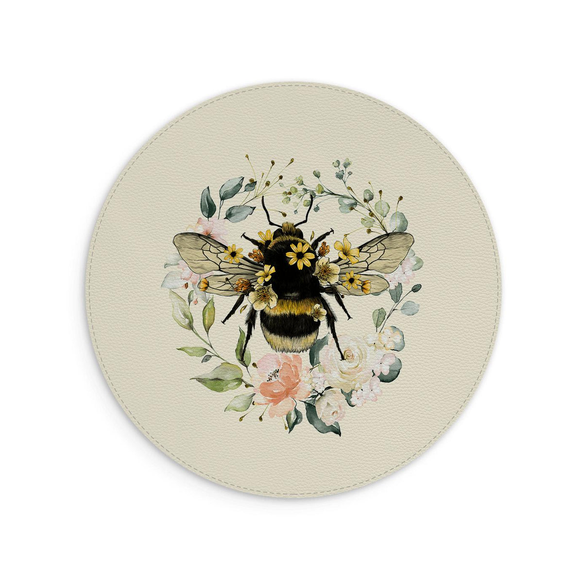 Round cream vegan leather mouse mat featuring a detailed bee surrounded by a watercolor floral wreath.