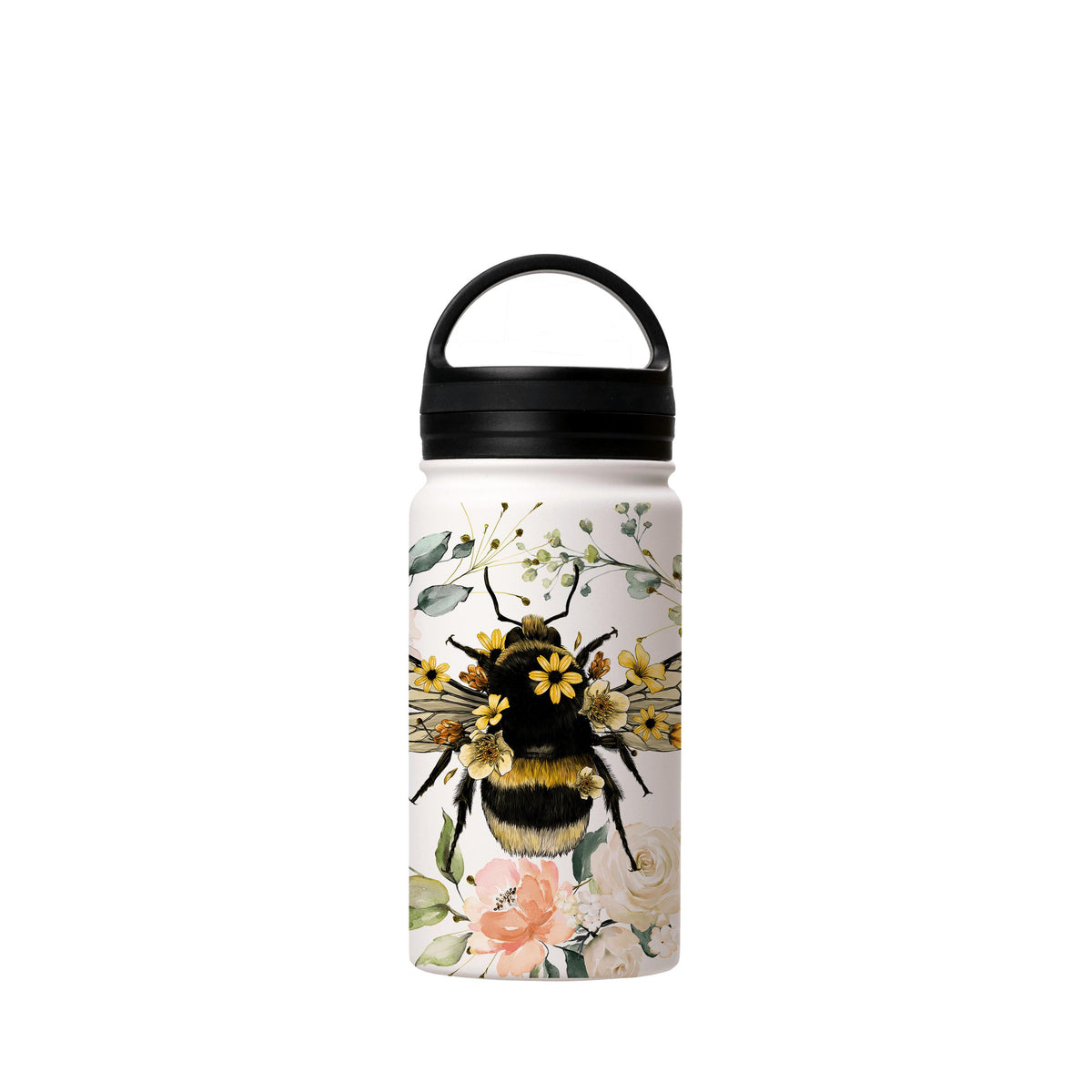 Water Bottles-Bee I Insulated Stainless Steel Water Bottle-12oz (350ml)-handle cap-Insulated Steel Water Bottle Our insulated stainless steel bottle comes in 3 sizes- Small 12oz (350ml), Medium 18oz (530ml) and Large 32oz (945ml) . It comes with a leak proof cap Keeps water cool for 24 hours Also keeps things warm for up to 12 hours Choice of 3 lids ( Sport Cap, Handle Cap, Flip Cap ) for easy carrying Dishwasher Friendly Lightweight, durable and easy to carry Reusable, so it's safe for the plan