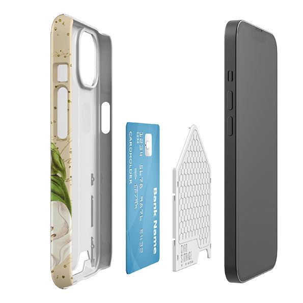 Floral phone case with hidden credit card slot, slider shell, and internal storage component next to a smartphone.