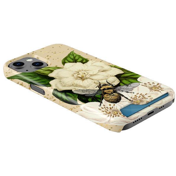 Hard plastic phone case featuring a bee and white flower design with a convenient hidden credit card slot.