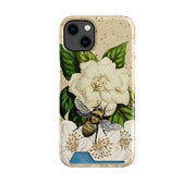 Hard plastic phone case featuring a bee and white floral design with a hidden card slot on a beige background.