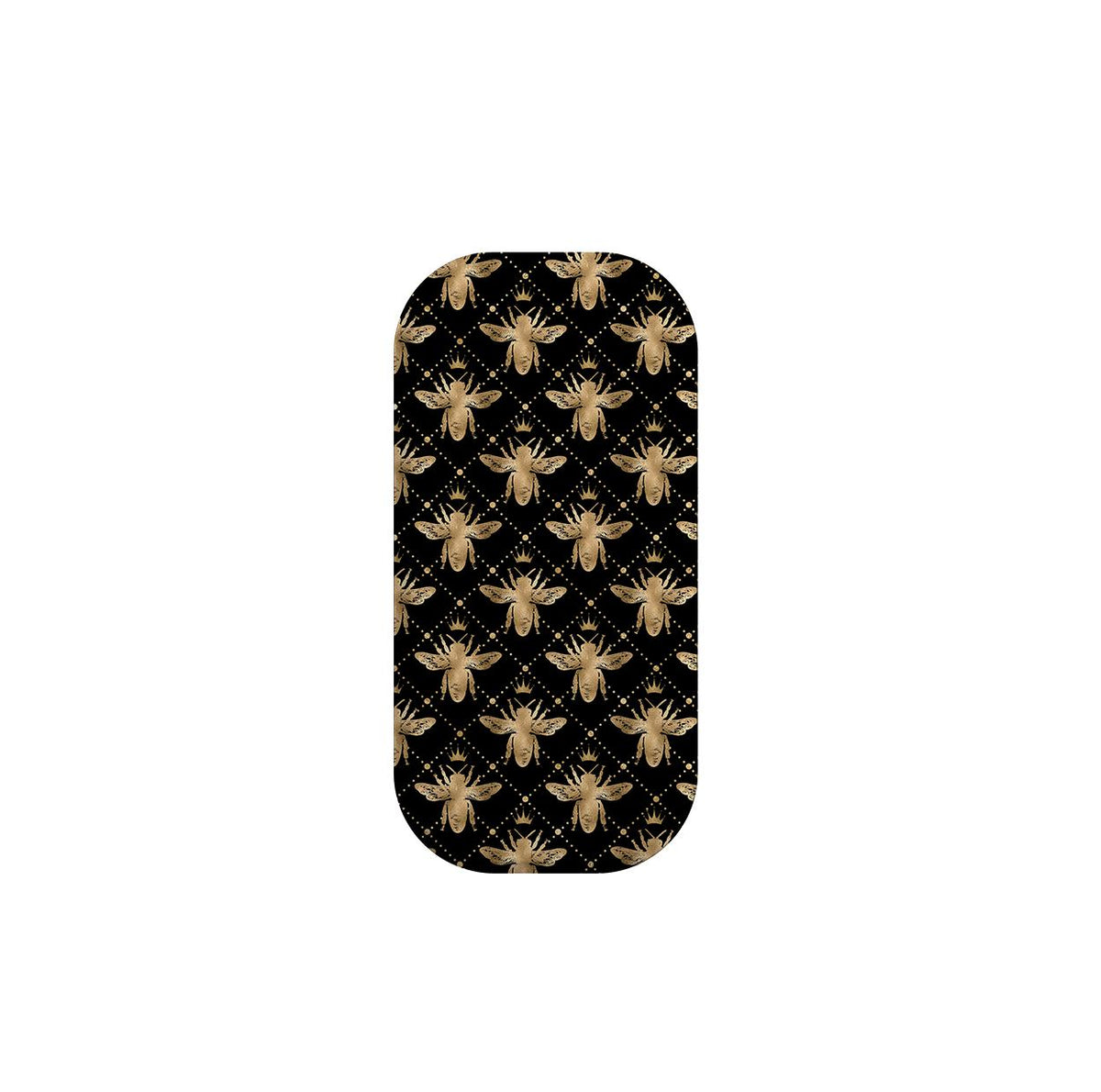 Clickit phone stand featuring a black background with a gold metallic bee and crown pattern in a pill-shaped design.