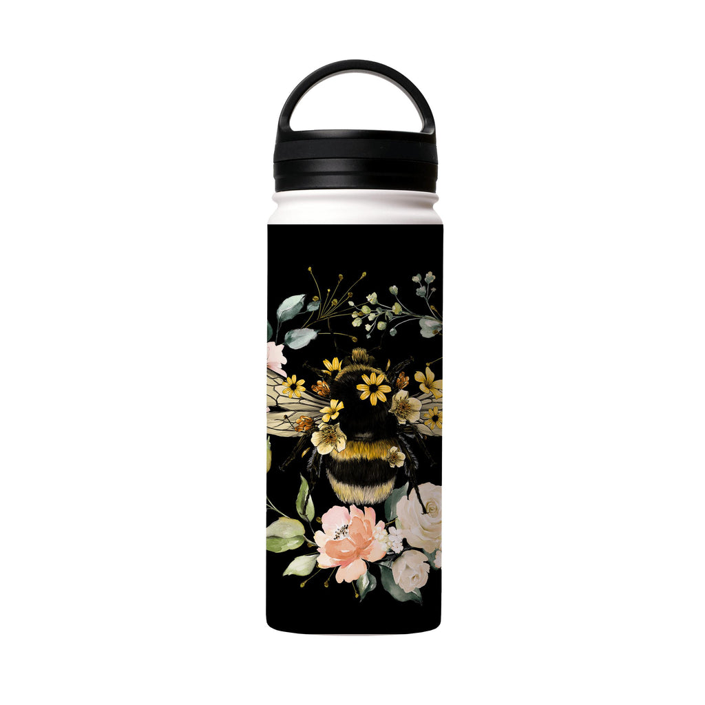 Water Bottles-Bee I Black Insulated Stainless Steel Water Bottle-18oz (530ml)-handle cap-Insulated Steel Water Bottle Our insulated stainless steel bottle comes in 3 sizes- Small 12oz (350ml), Medium 18oz (530ml) and Large 32oz (945ml) . It comes with a leak proof cap Keeps water cool for 24 hours Also keeps things warm for up to 12 hours Choice of 3 lids ( Sport Cap, Handle Cap, Flip Cap ) for easy carrying Dishwasher Friendly Lightweight, durable and easy to carry Reusable, so it's safe for th