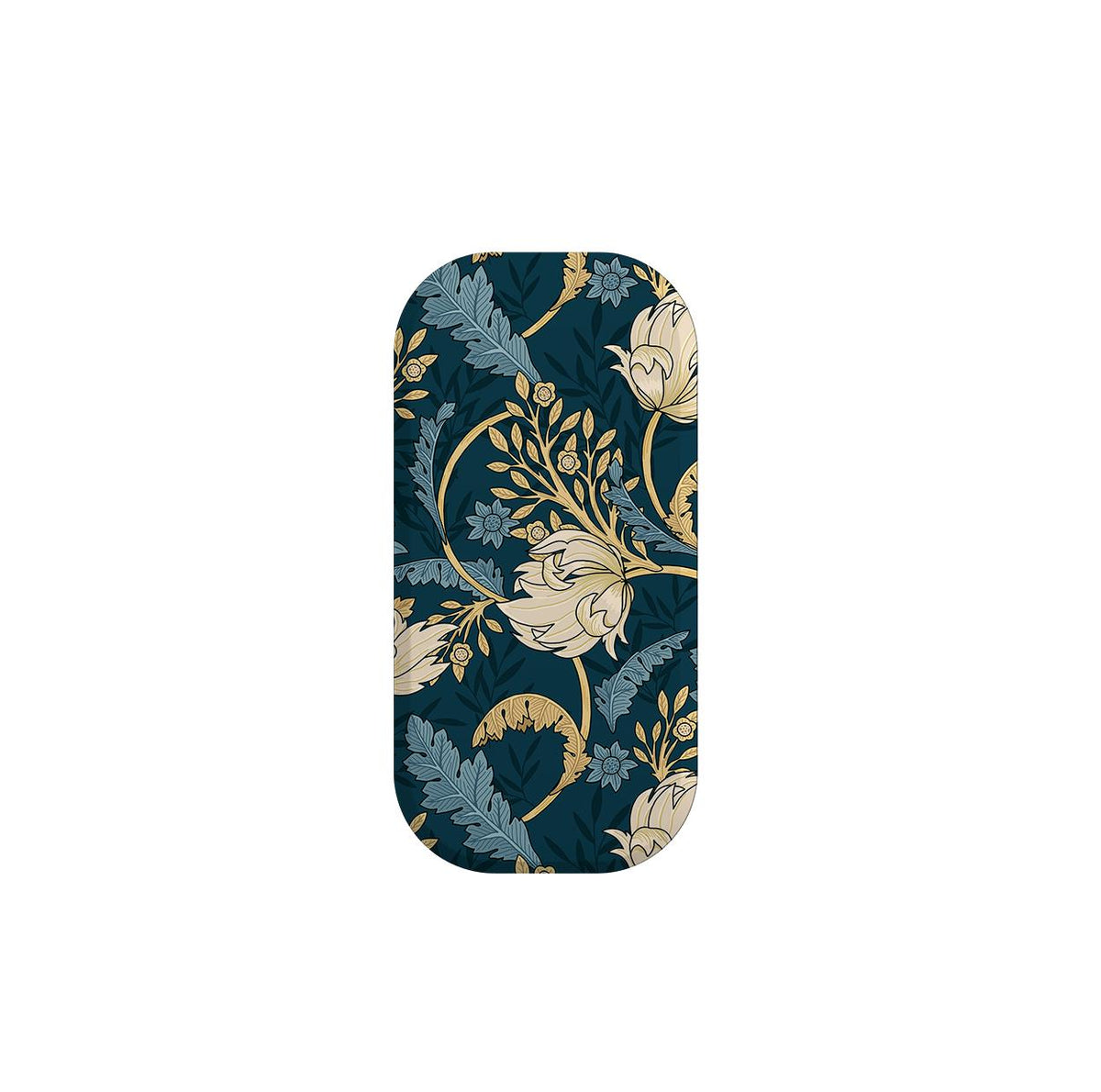 Beeston phone stand with a dark blue background featuring an intricate gold and light blue floral botanical pattern.