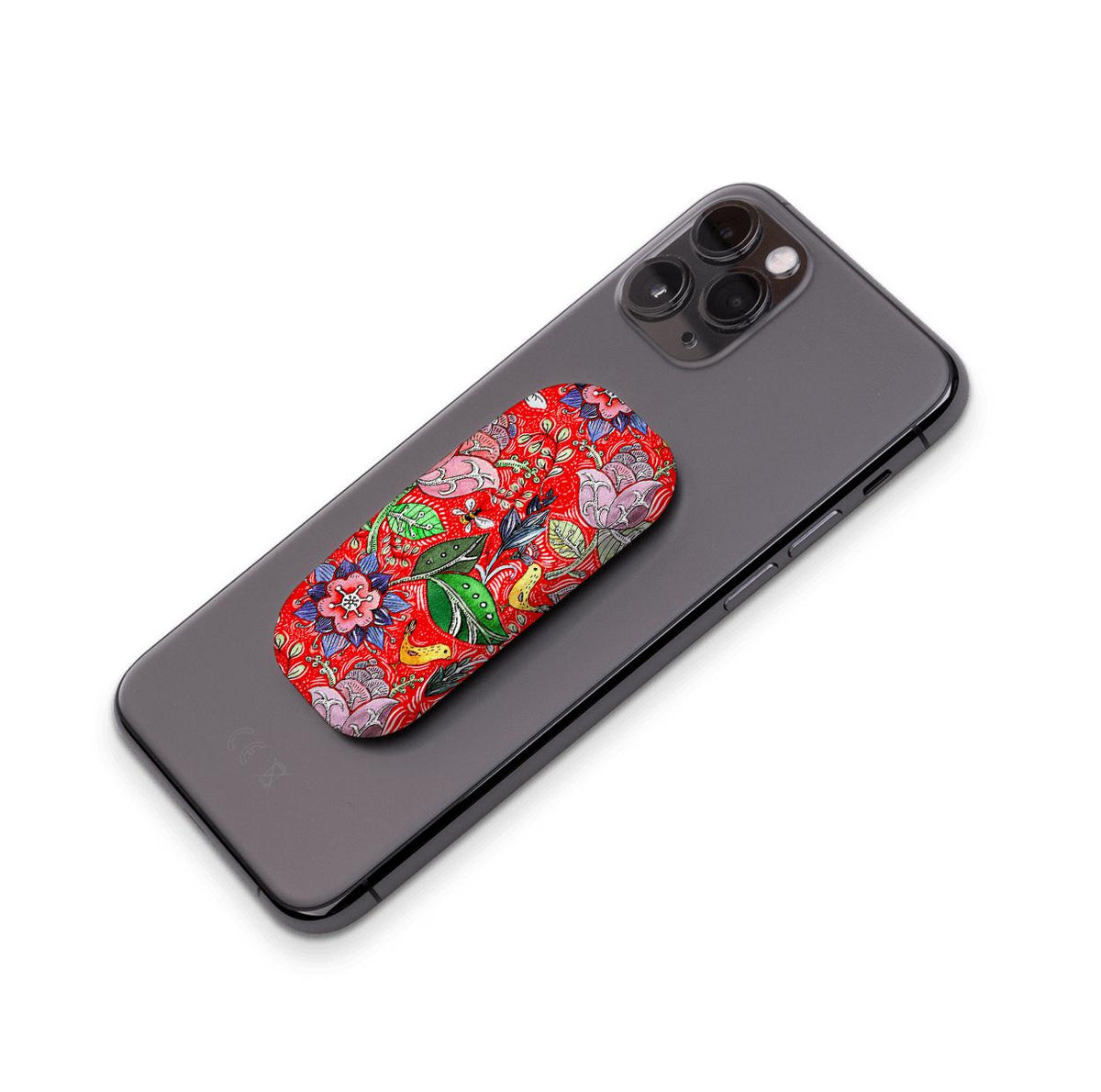 Beetham phone stand with a vibrant red floral pattern attached to the back of a black smartphone.