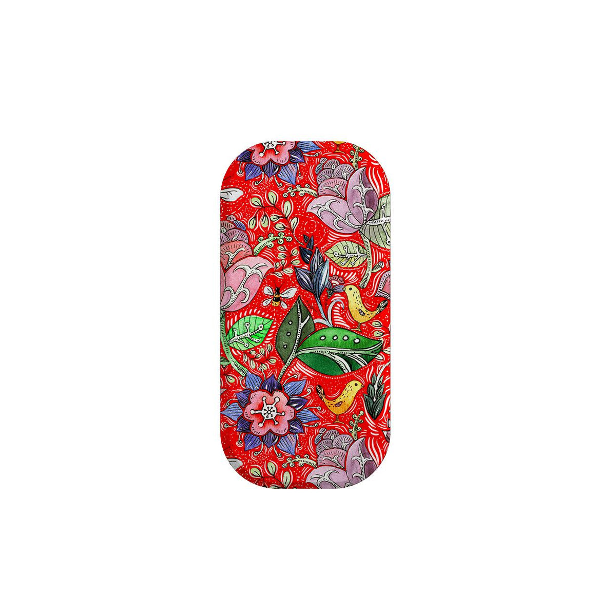 Support de téléphone Beetham avec un fond rouge vif orné d'illustrations florales, d'oiseaux et d'insectes colorées.
