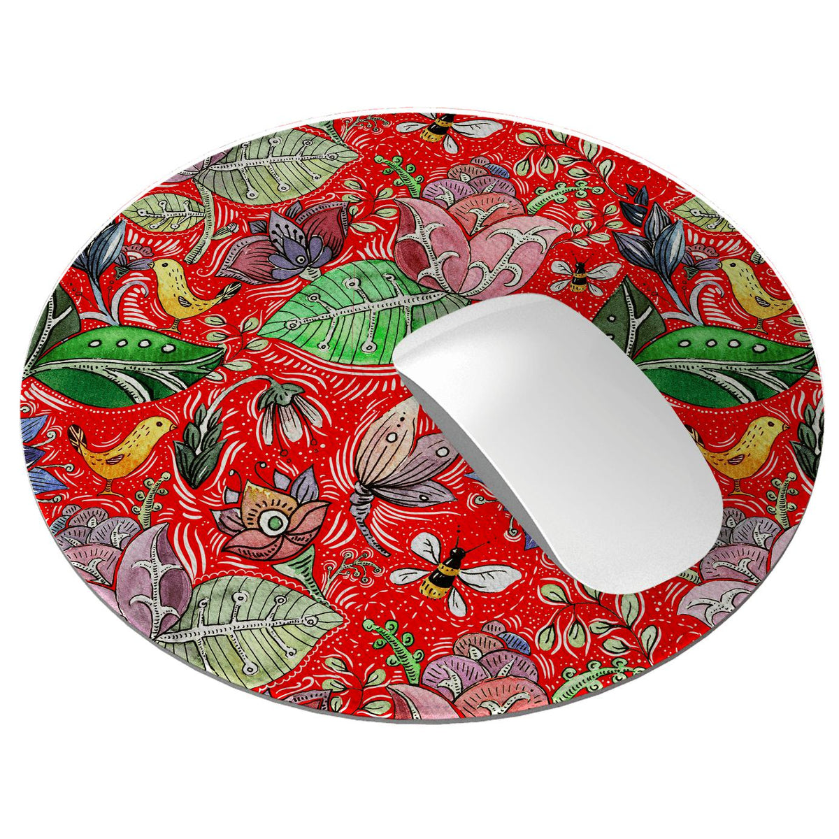Round vegan leather mouse mat with a red floral and bird pattern, featuring a cross-hatch texture and a white computer mouse.