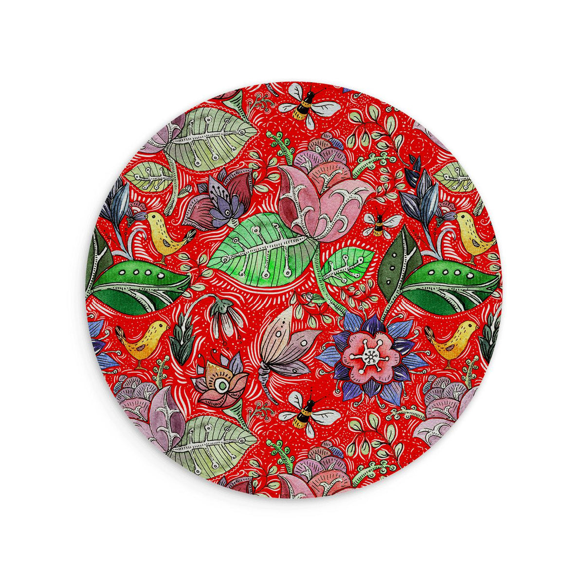 Tapis de souris rond en cuir végétal avec un motif floral rouge vif, d'oiseaux et d'abeilles, et une finition texturée en croisillons.