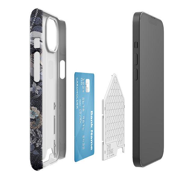 Floral Belsay phone case with a hidden card slot, credit card, and protective inner slider shell.
