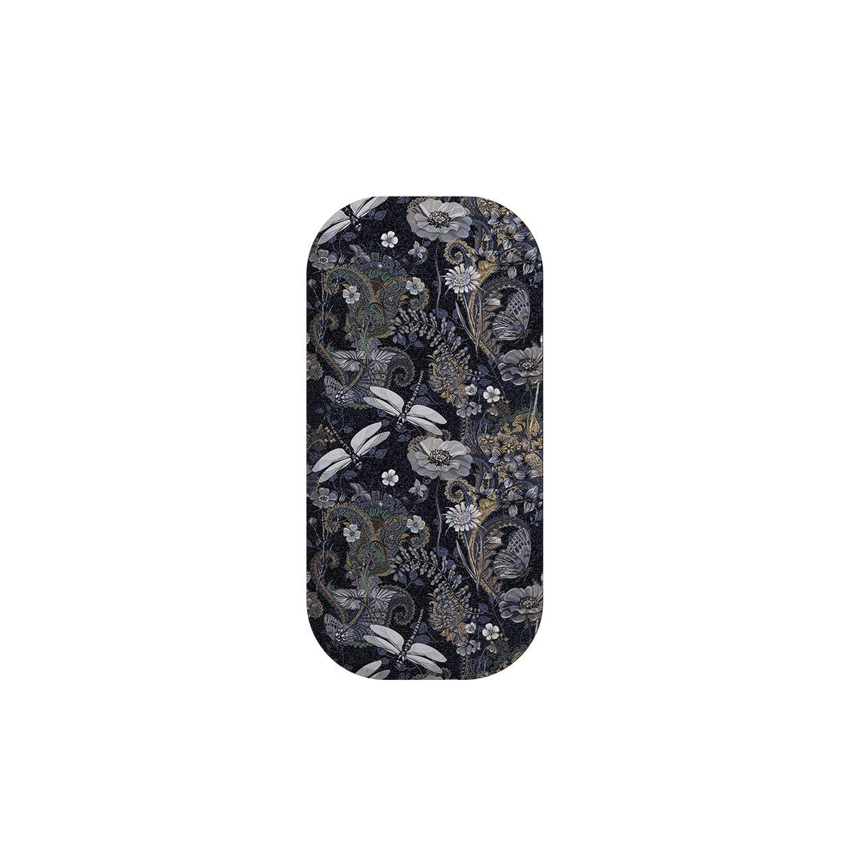 Belsay pattern phone stand with a dark floral and dragonfly print on an elongated, rounded rectangular grip.