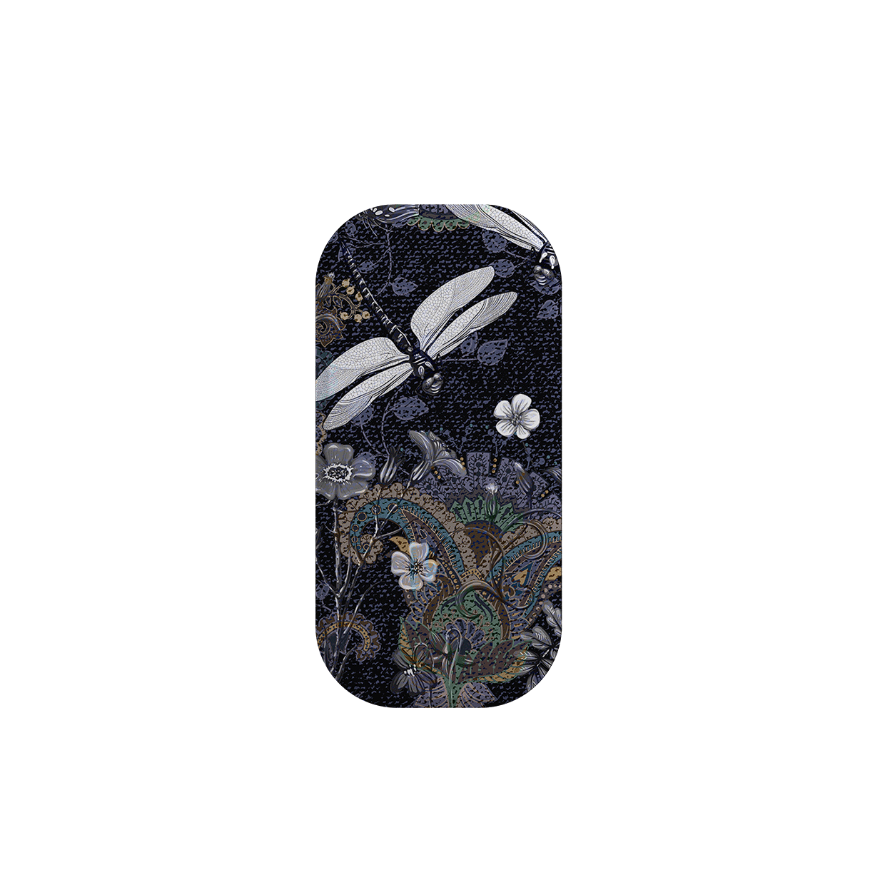 Belsay Flickit phone stand featuring a dark navy floral and dragonfly pattern with a sleek, rounded rectangular design.