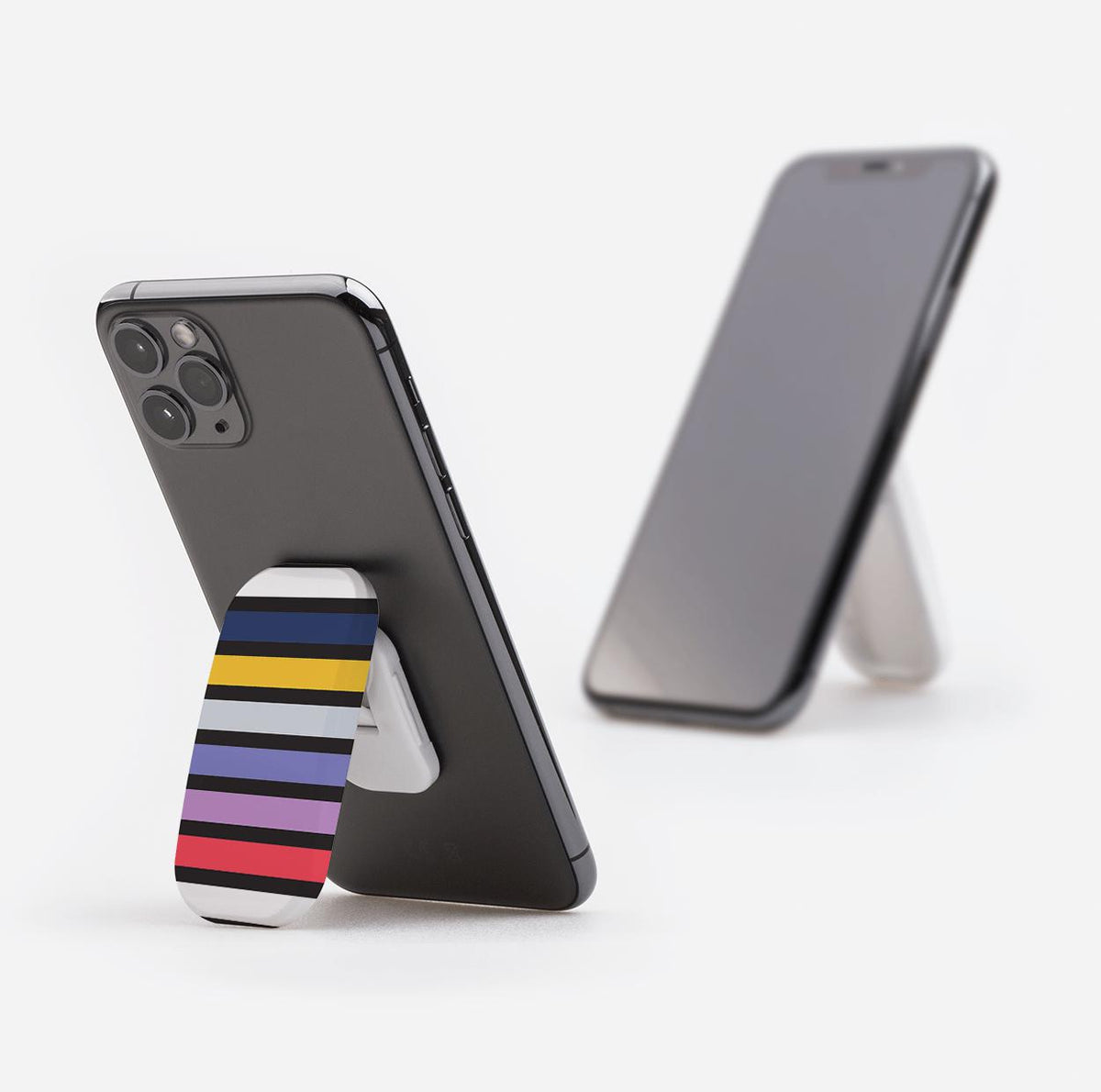 Bethany phone stand with a colorful striped pattern attached to the back of a smartphone, acting as a kickstand.