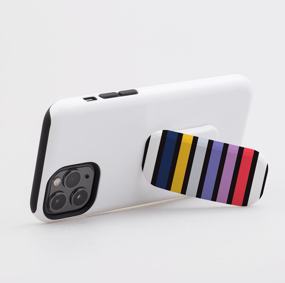 Bethany phone stand with a vertical multi-colored striped pattern attached to the back of a white smartphone case.