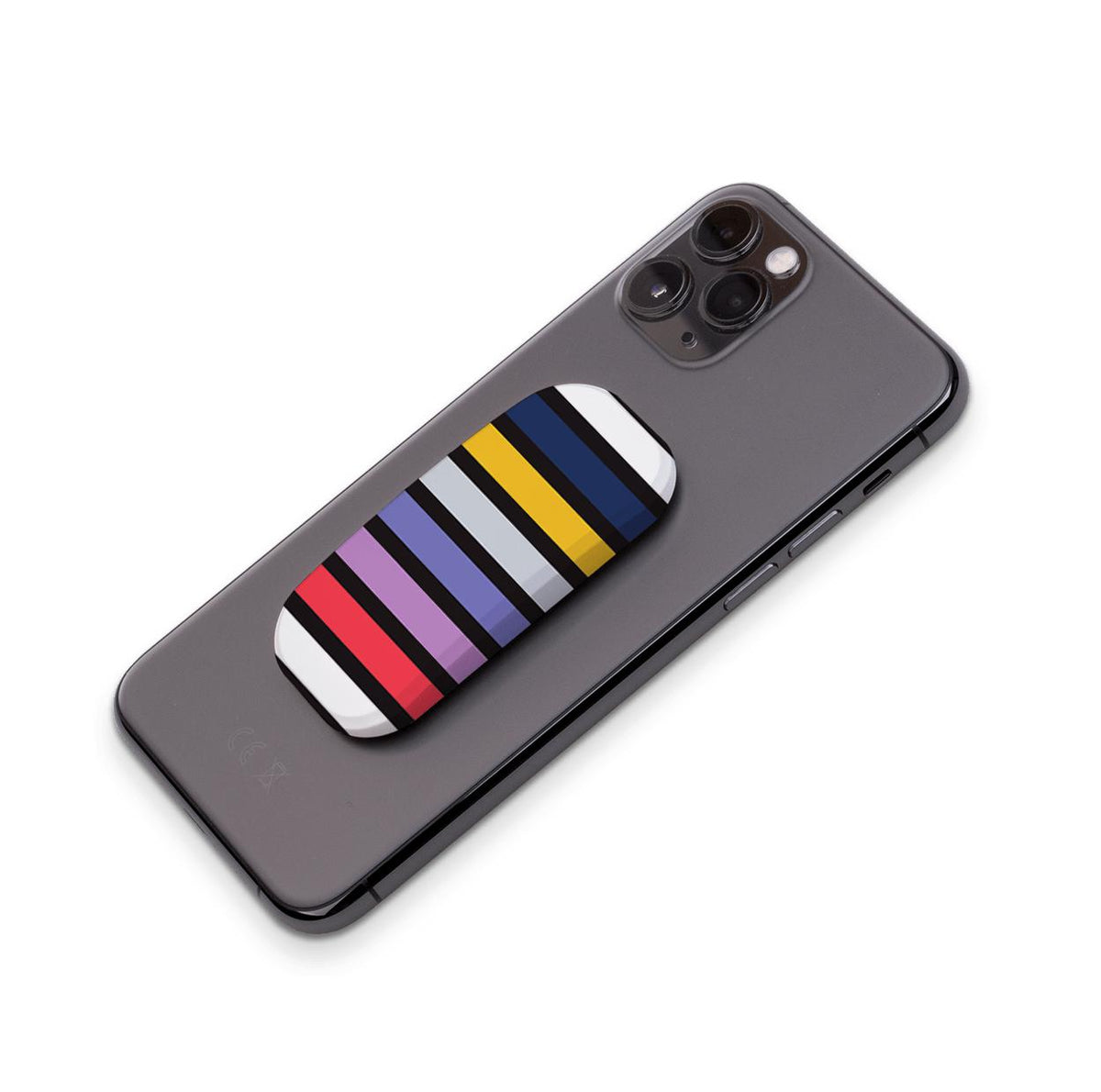 Bethany phone stand with a vibrant, multi-colored striped pattern attached to the back of a black smartphone.