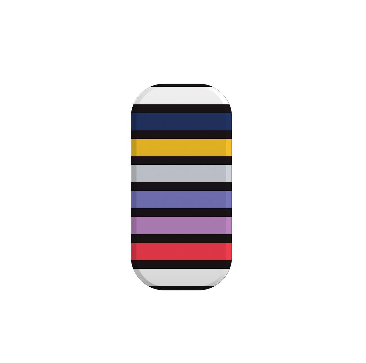 Support de téléphone Bethany avec un design rectangulaire orné de rayures horizontales en bleu marine, jaune, gris, violet et rouge.