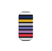 Bethany phone stand with a rectangular design featuring horizontal stripes in navy, yellow, grey, purple, and red.