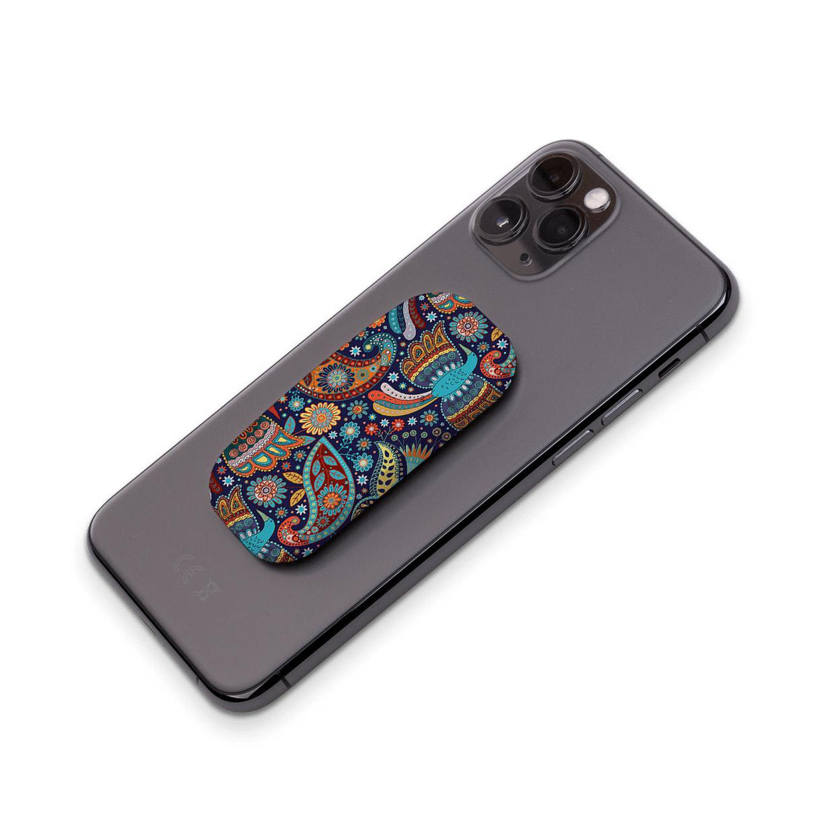 Bettyhill phone stand with a colorful paisley pattern attached to the back of a grey smartphone.
