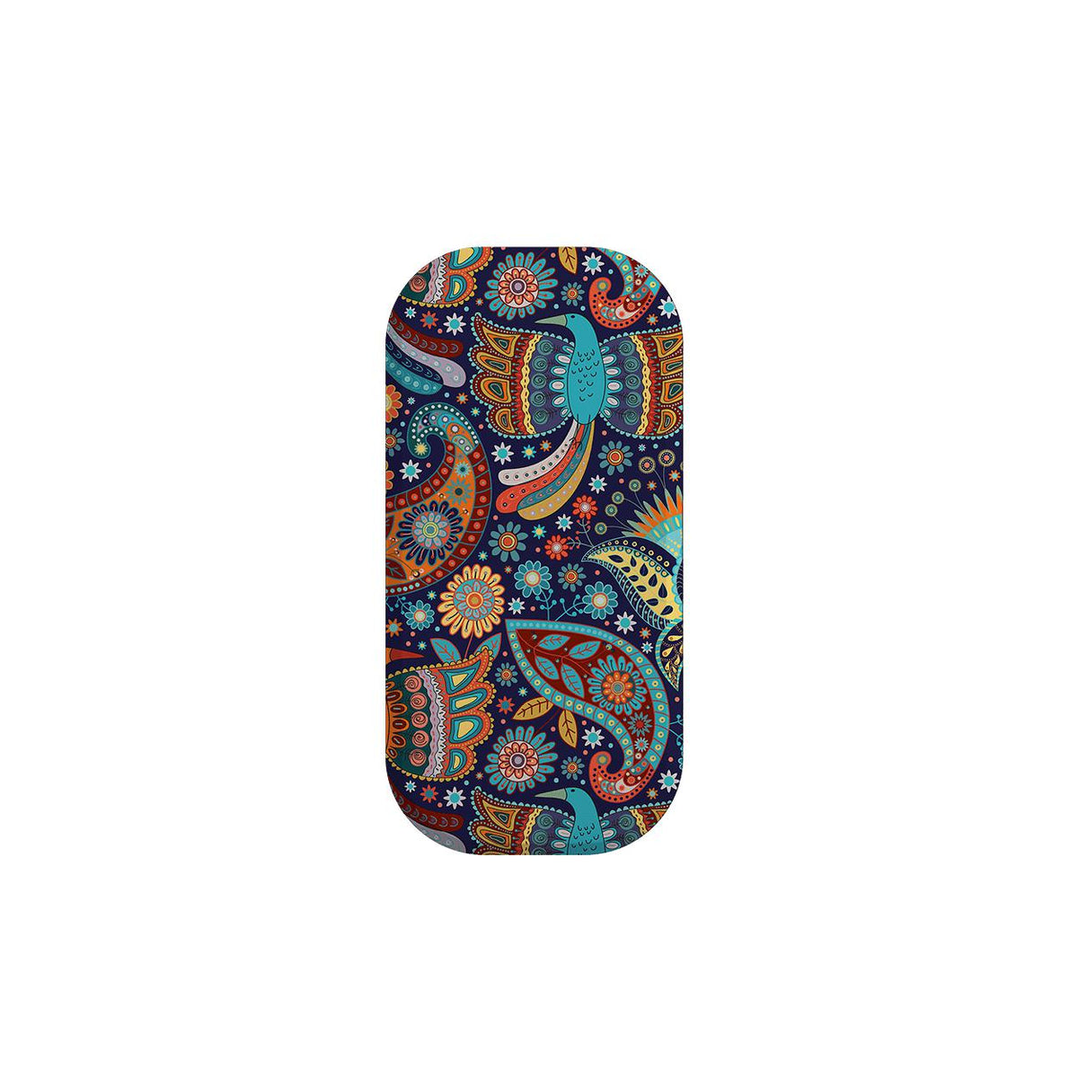 Support de téléphone Bettyhill avec un vibrant motif de paisley et d'oiseaux multicolore sur un fond bleu foncé