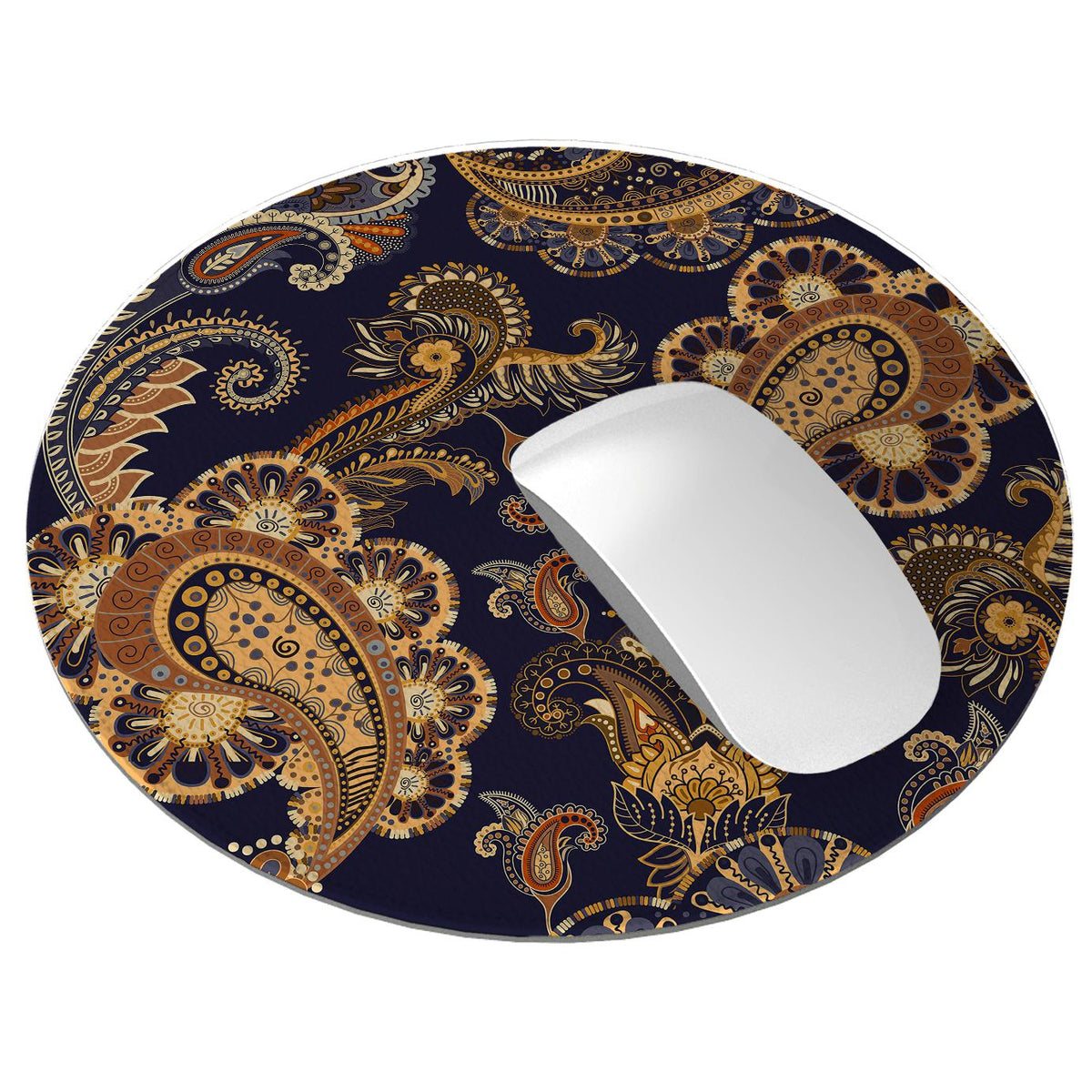 Round vegan leather mouse mat with a navy blue and gold paisley print and a white computer mouse on top.