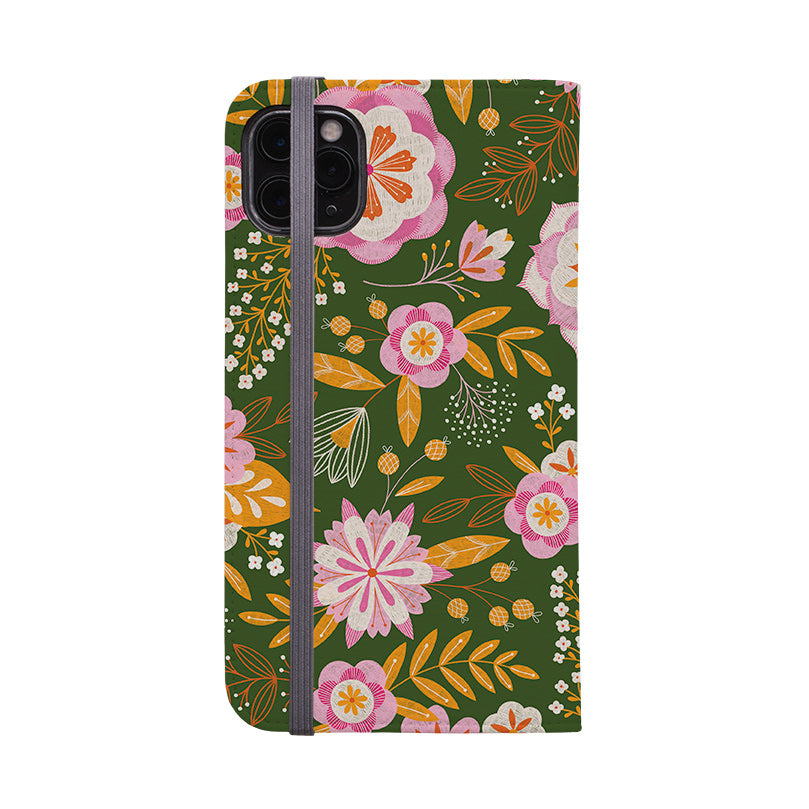 Wallet phone case-Big Bold Blooms Green By Jenny Zemanek-Vegan Leather Wallet Case Vegan leather. 3 slots for cards Fully printed exterior. Compatibility See drop down menu for options, please select the right case as we print to order.-Stringberry