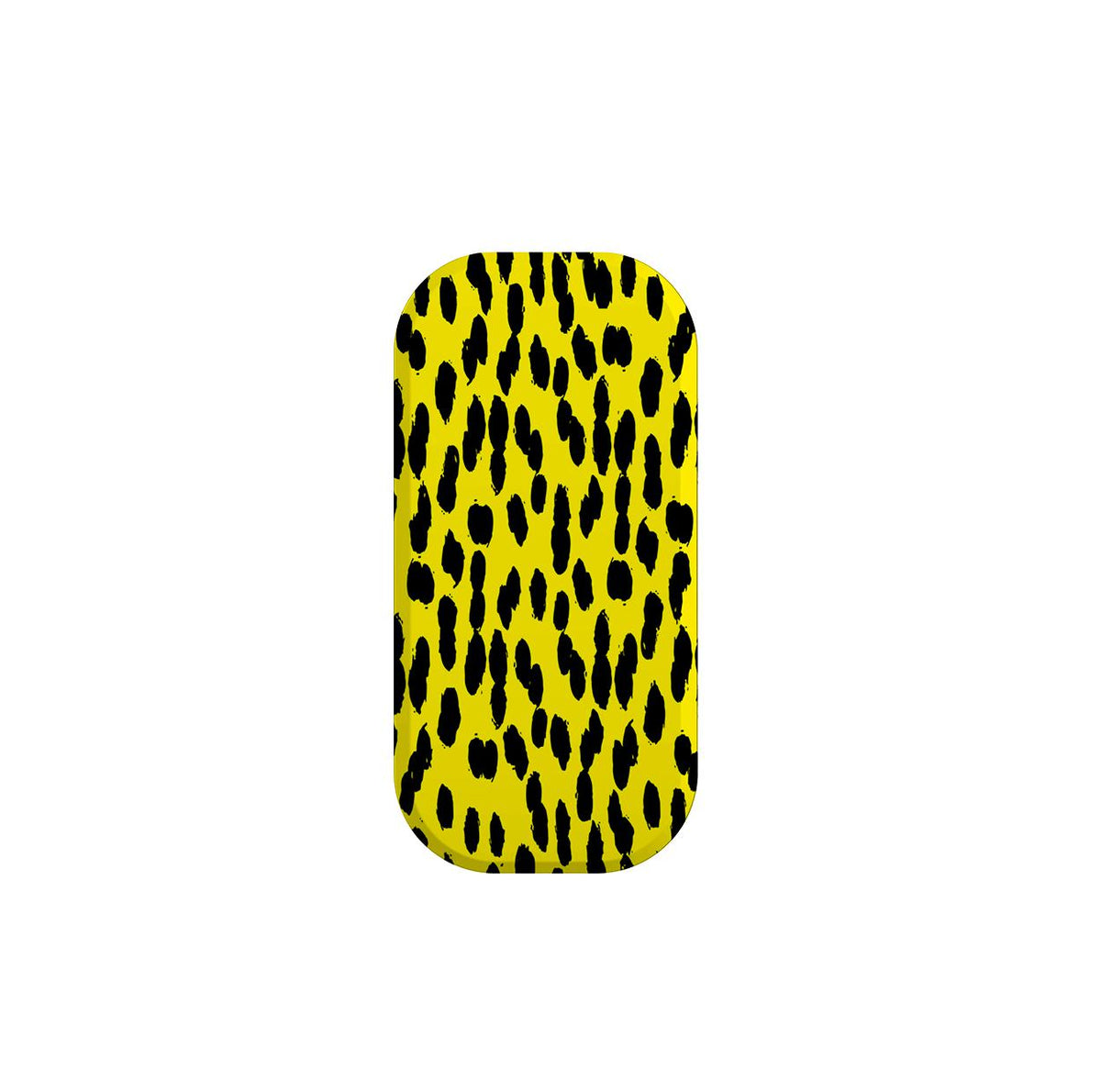 Black and yellow Flickit phone stand with a textured animal print pattern and rounded rectangular design.