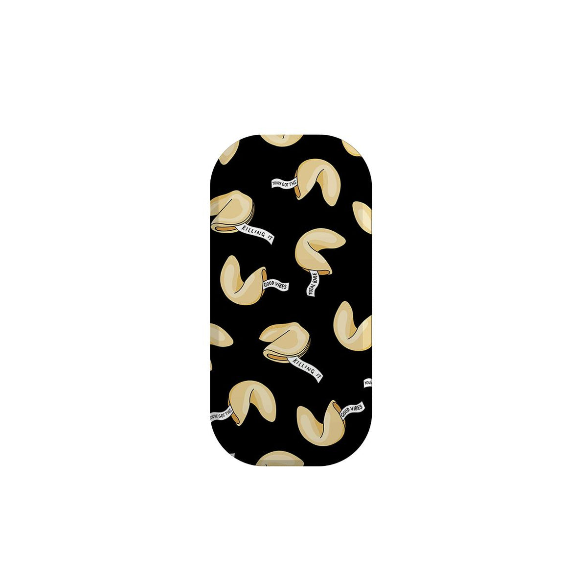 Black Flickit phone stand featuring a repeating fortune cookie pattern with motivational phrases on a matte finish.