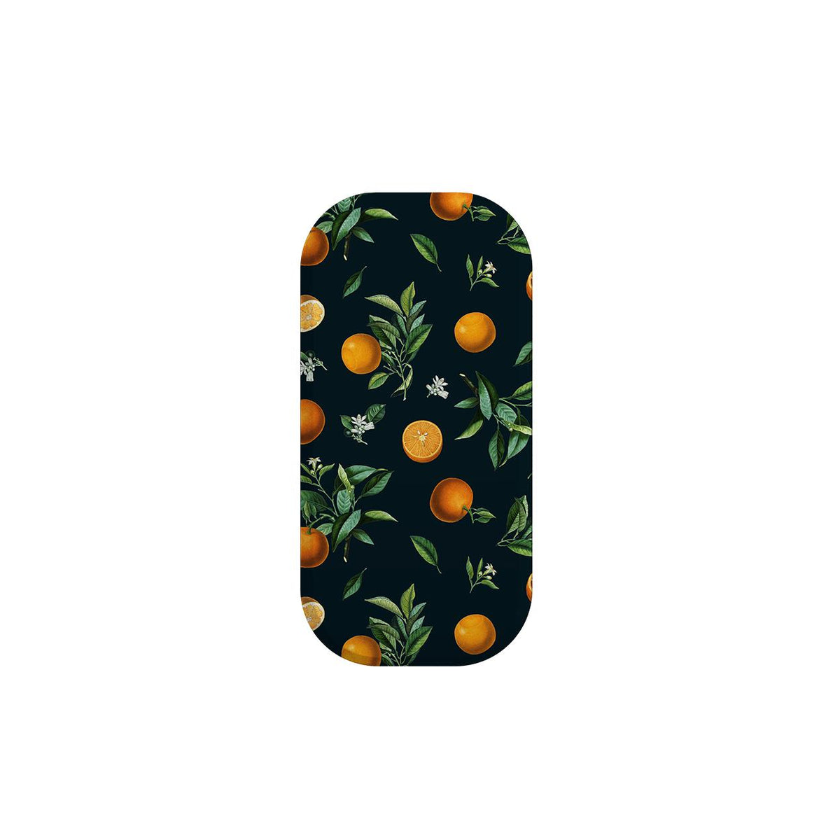 Black Orchard phone stand with a vibrant orange fruit and green leaf botanical pattern on a dark background.