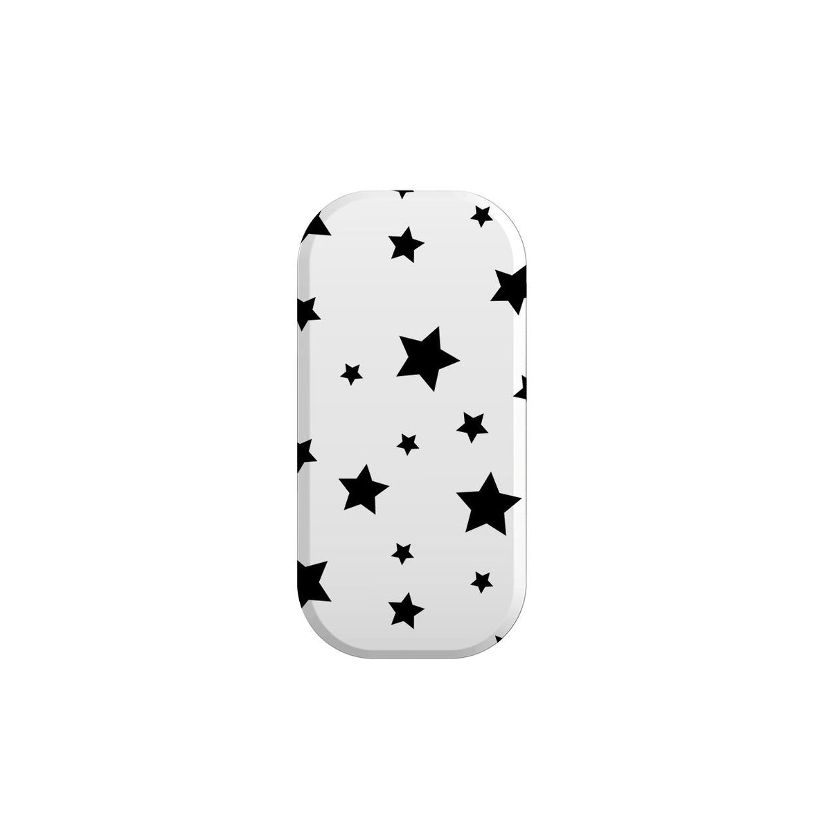 White rectangular Flickit phone stand featuring a black star pattern and rounded edges for a secure, stylish grip.