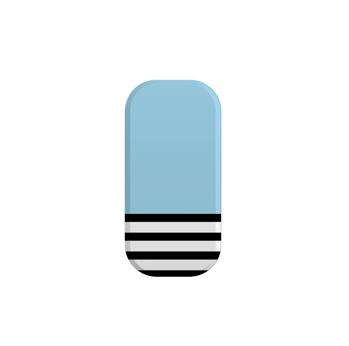 Rectangular blue phone stand with a black and white striped base for secure grip and hands-free viewing.