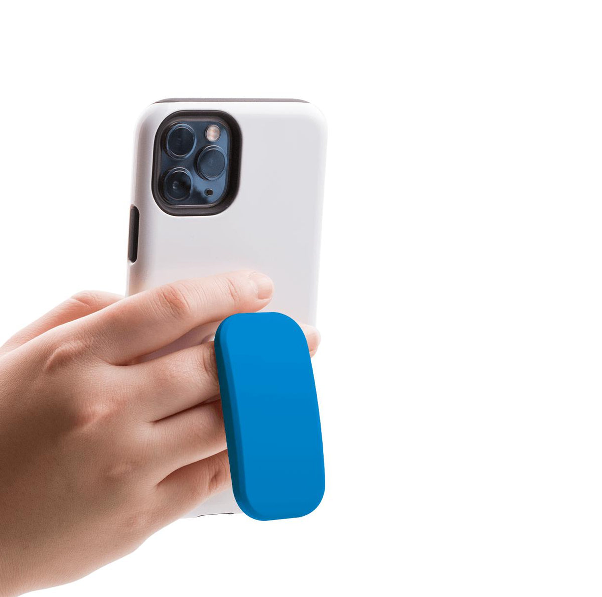 Blue Iris Clickit phone stand attached to a white smartphone, providing a secure grip for one-handed use.