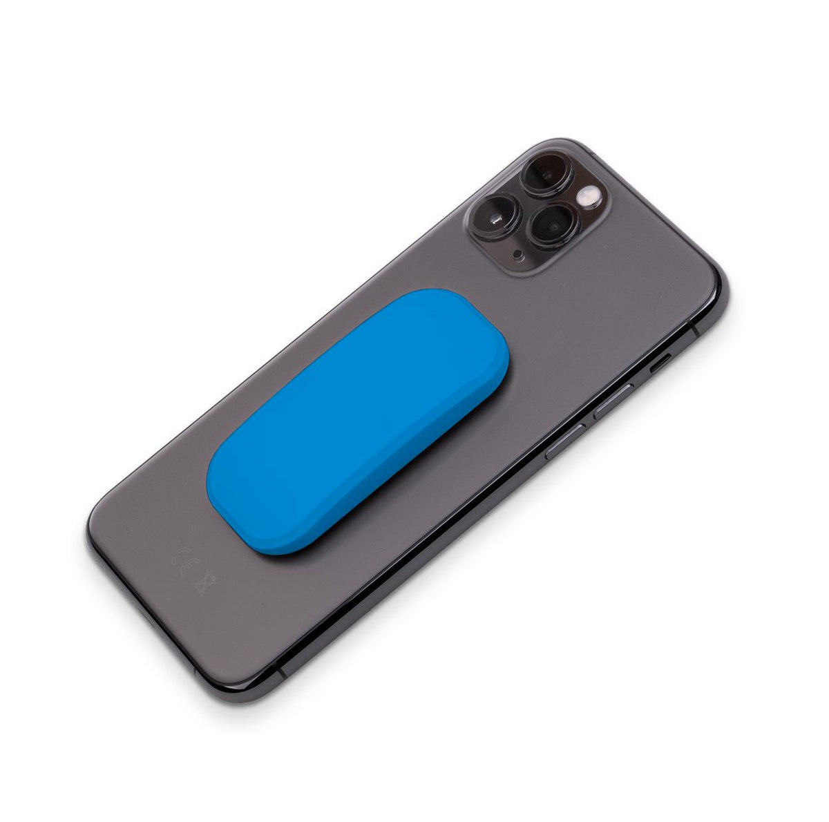 Blue Iris Clickit phone stand attached to the back of a dark gray smartphone, isolated on a white background.