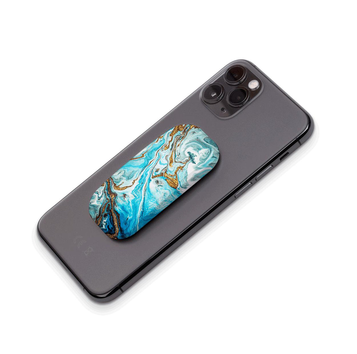 Blue Royal Flickit phone stand with a marbled blue and gold design attached to the back of a black smartphone.