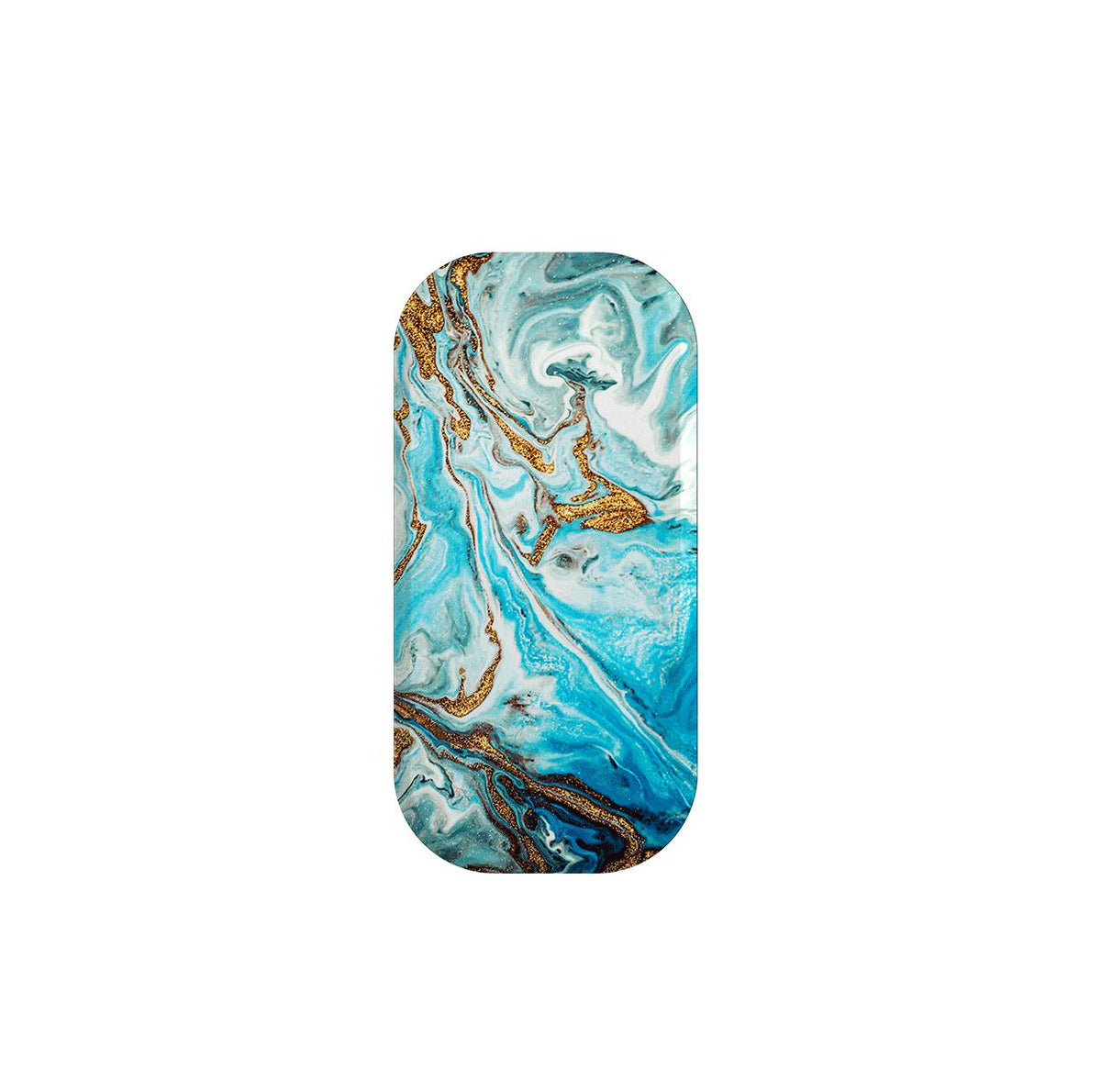 Blue Royal Flickit phone stand featuring a glossy blue, white, and gold marble swirl pattern on an oval base.