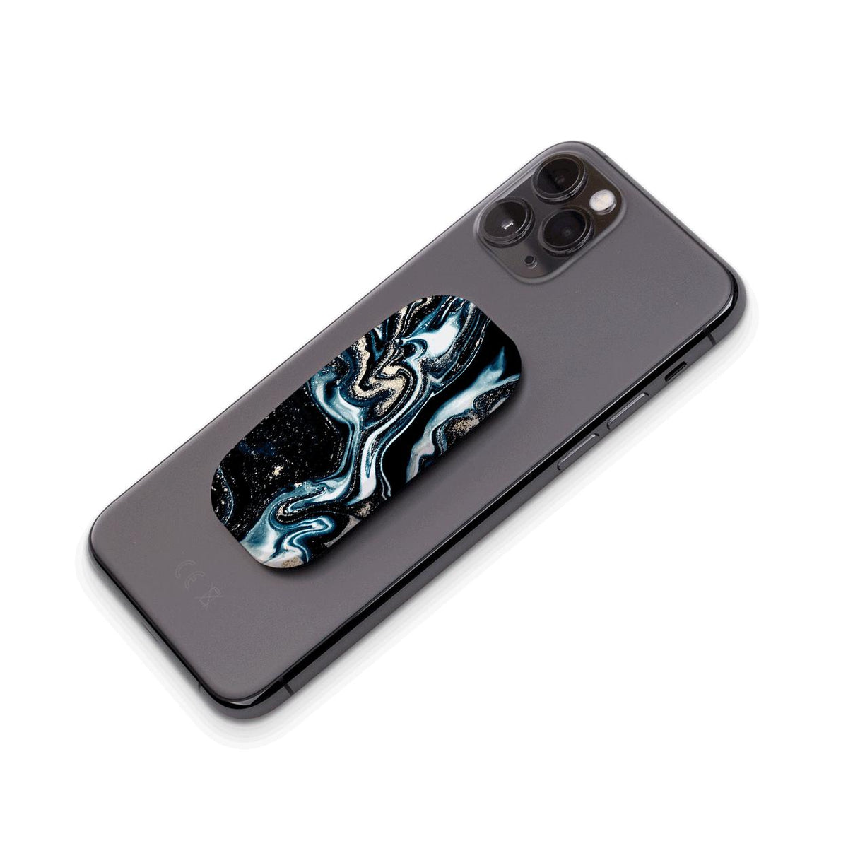 Blue Royalty Flickit phone stand with a swirling blue, black, and gold marble design attached to a grey smartphone.