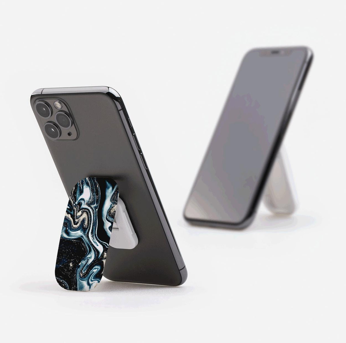 Blue Royalty Flickit phone stand with a swirling blue, black, and gold marble pattern attached to a smartphone.