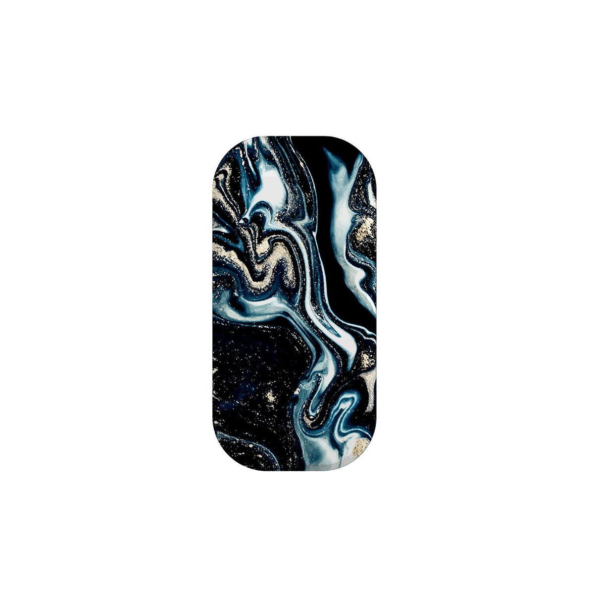 Blue Royalty Flickit phone stand featuring a glossy, marbled design with swirls of deep navy, white, and gold accents.