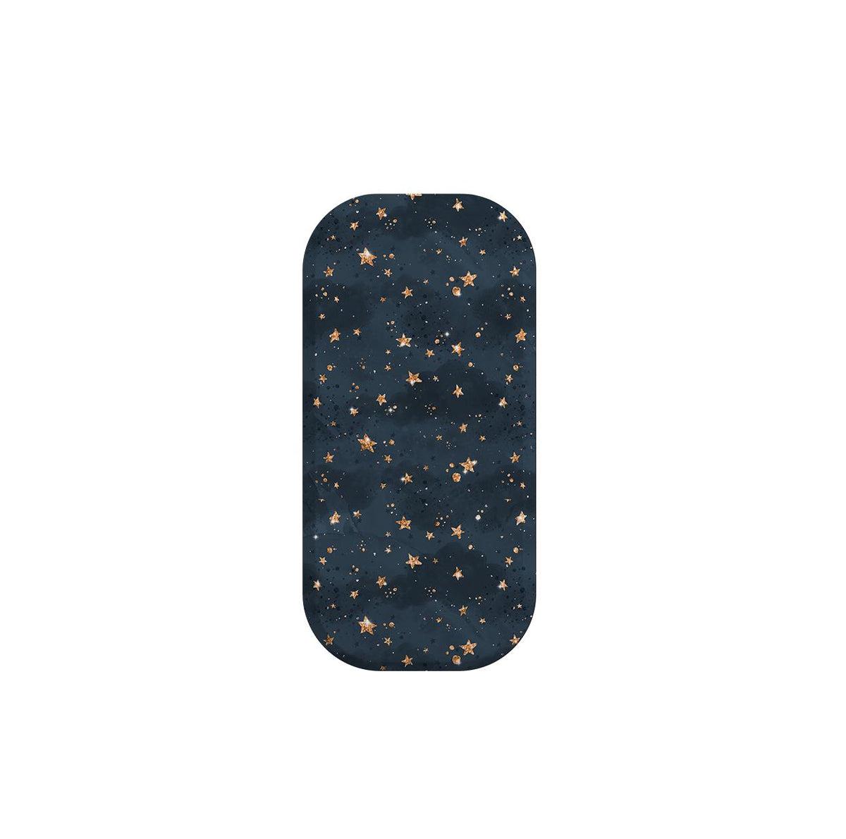 Bode Galaxy phone stand with a navy blue night sky pattern featuring shimmering gold stars and a smooth, rounded design.
