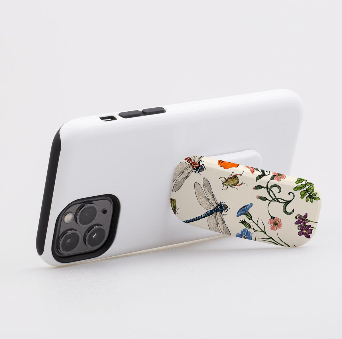 Bodnant Clickit phone stand with a cream background, featuring colorful dragonfly, beetle, and floral botanical illustrations.