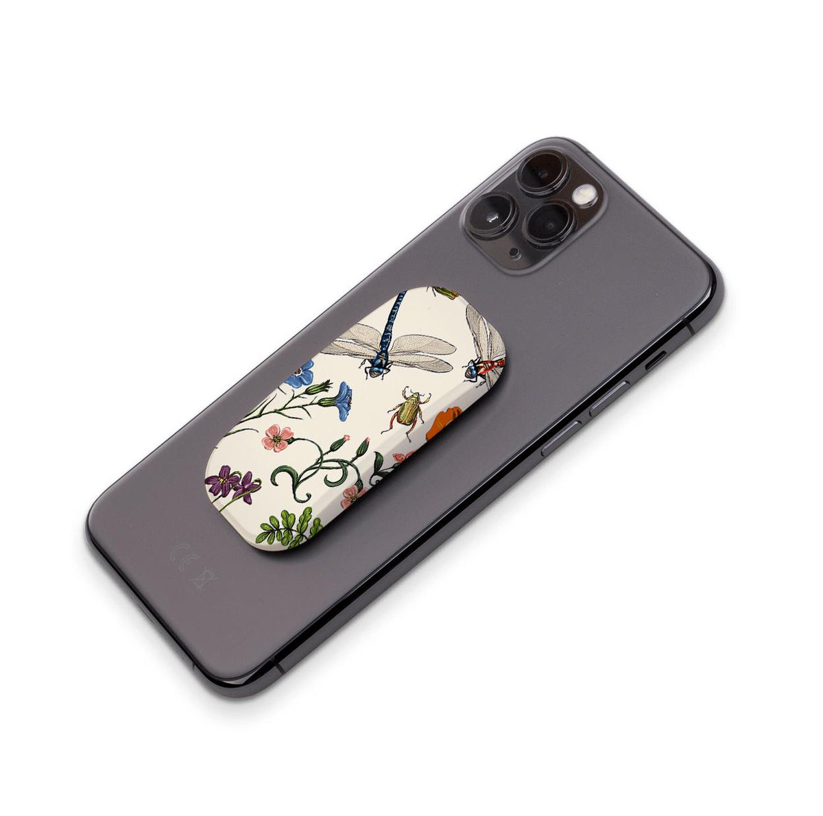 Bodnant phone stand with a cream background, featuring vintage-style botanical illustrations of dragonflies and flowers.