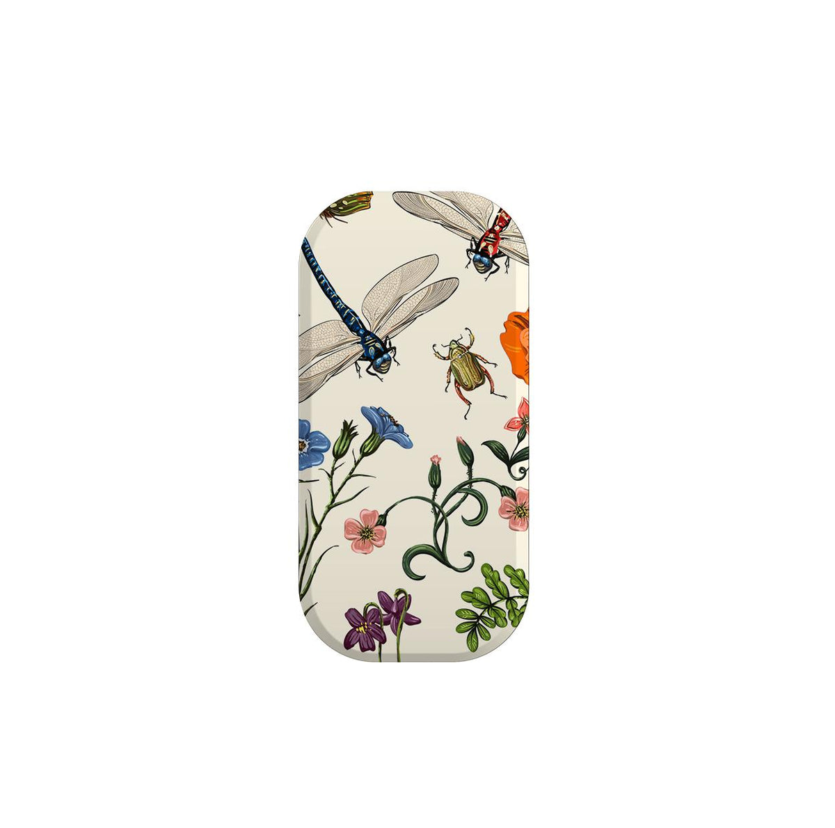 Bodnant phone stand featuring a cream background with colorful vintage-style illustrations of dragonflies, beetles, and flowers.