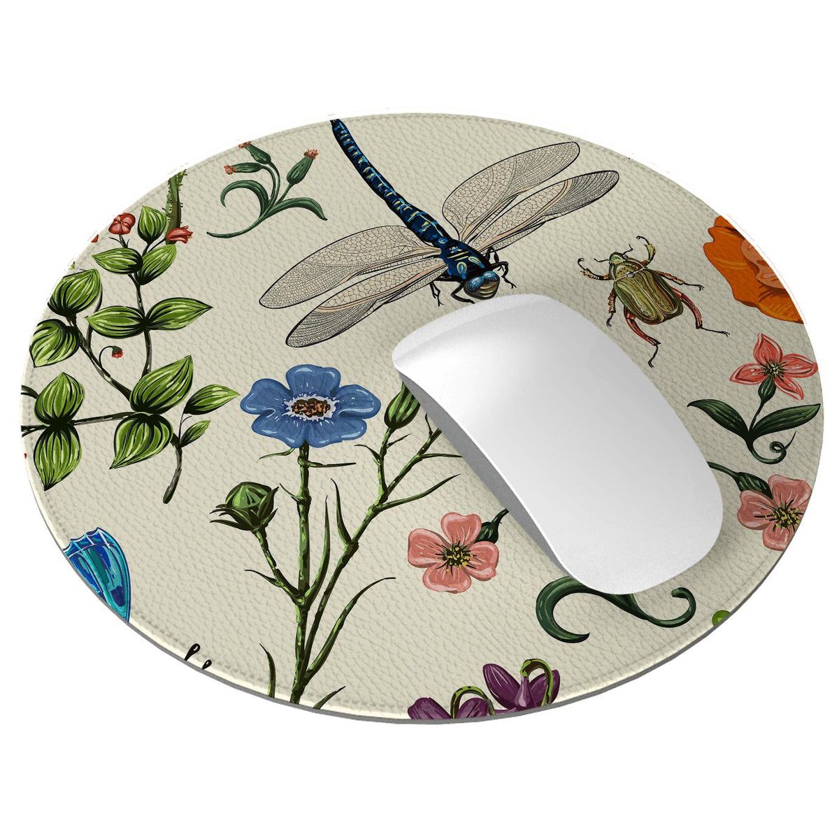 Round vegan leather mouse mat with a cream cross-hatch texture, featuring a vibrant dragonfly, beetle, and floral print.