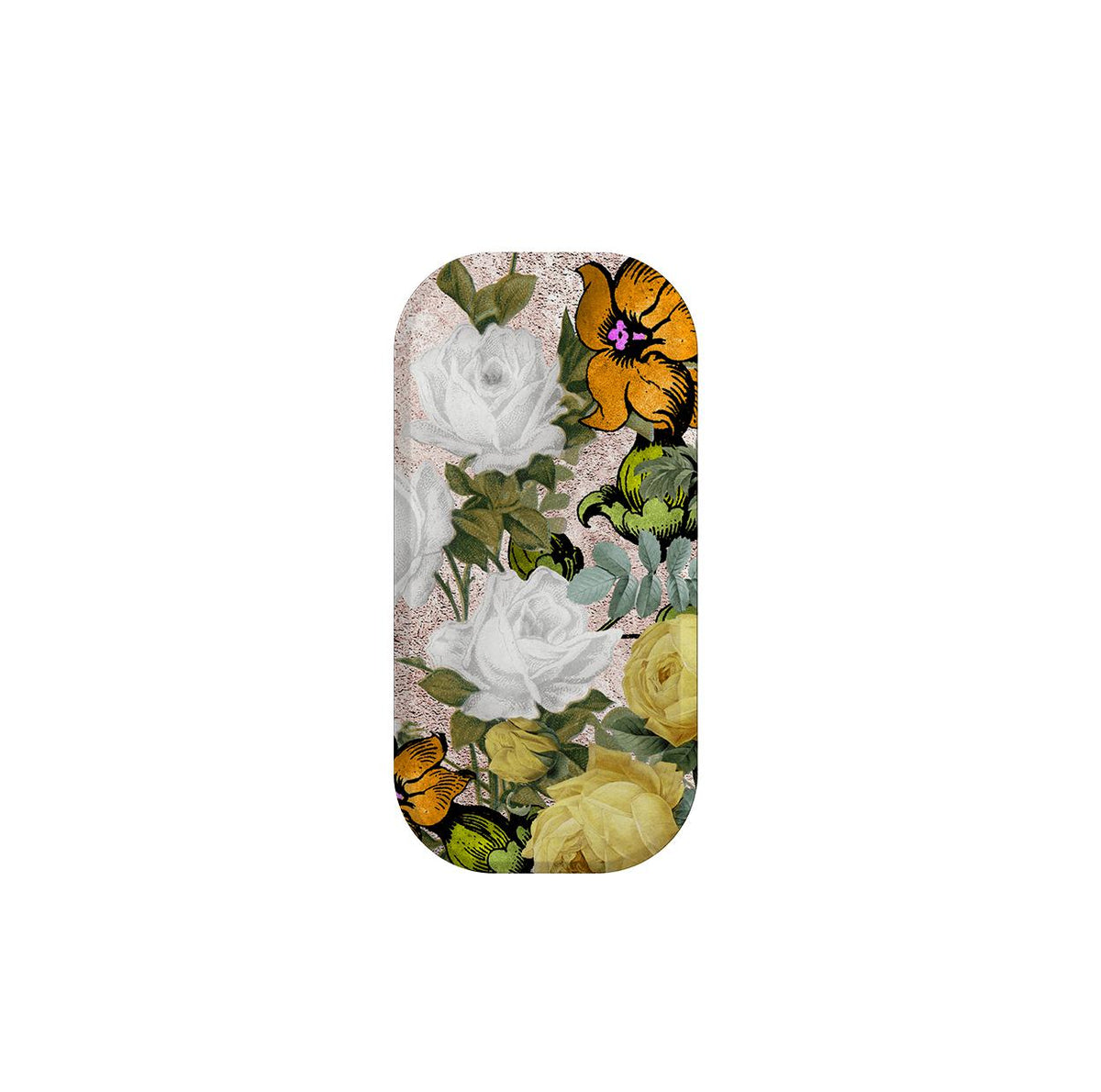 Oval Bowes phone stand featuring a vintage floral print with white and yellow roses on a textured rose gold background.