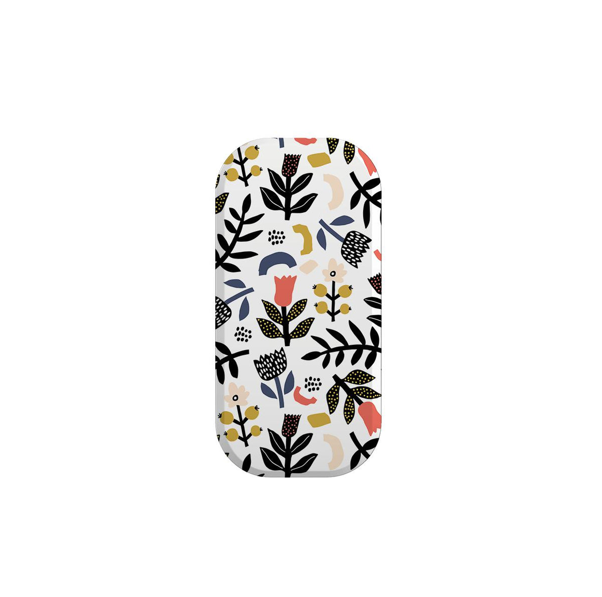 Broad Oak Clickit phone stand featuring a white background with a colorful, modern botanical floral pattern.