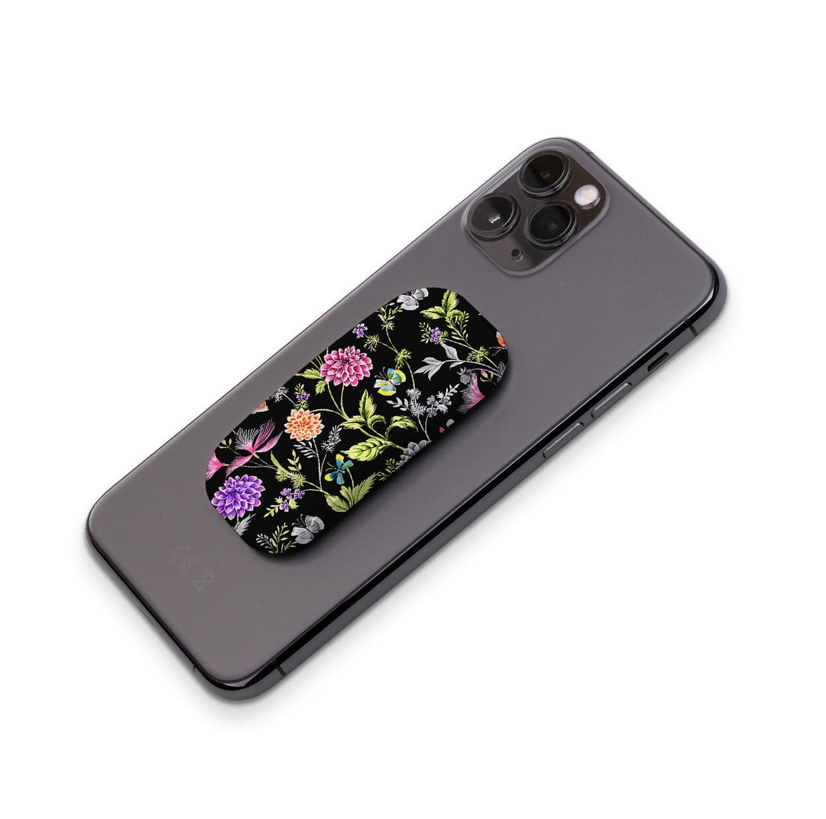 Broadview phone stand with a black floral botanical print attached to the back of a grey smartphone.