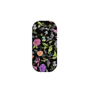 Broadview phone stand with a black background featuring a vibrant, colorful floral and butterfly botanical pattern.