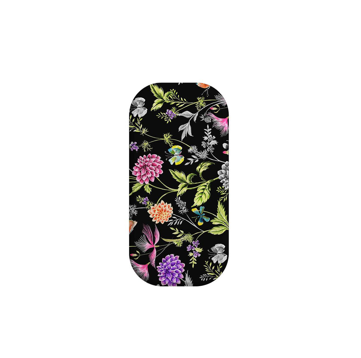 Broadview phone stand with a black background featuring a vibrant, colorful floral and butterfly botanical pattern.