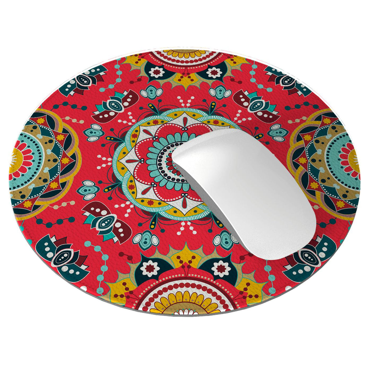 Round red vegan leather mouse mat with a vibrant, multi-colored floral mandala print and cross-hatch texture.