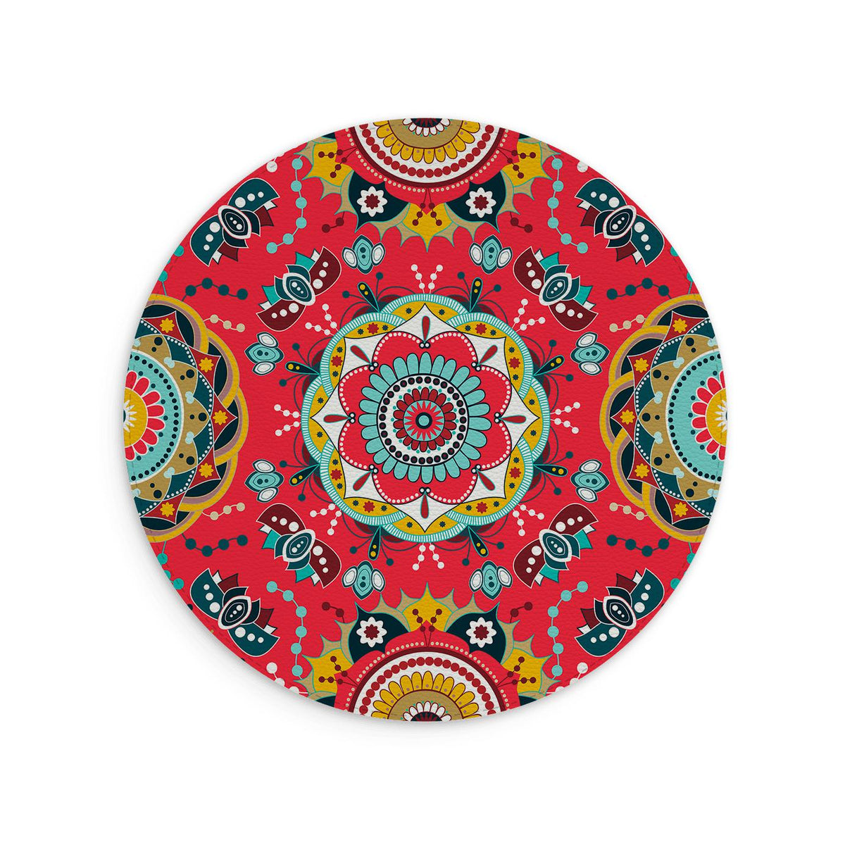 Round vegan leather mouse mat featuring a vibrant red, yellow, and teal mandala pattern with a textured Saffiano finish.